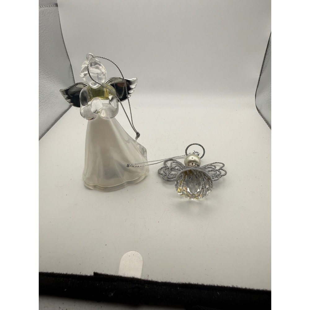 Clear Frosted Glass Crystal Angel Ornaments Set of 2 Silver Wings Holiday Decor